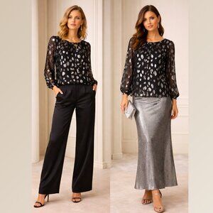 TALBOTS  Shimmer Silver Animal Spotting Motif Tie Back Black Blouse Size LP